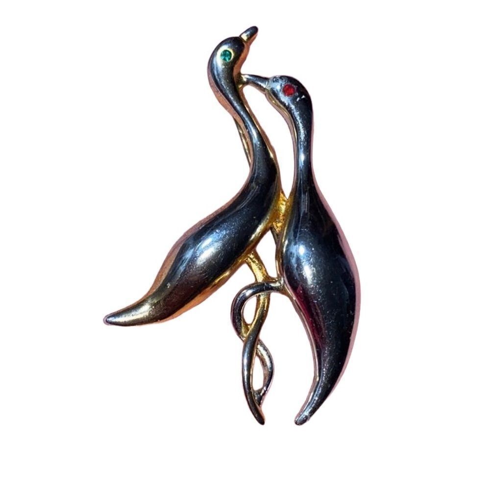 Vintage Two Tone Love Bird Intertwined Pin Brooch Green & Red Rhinestone Eyes